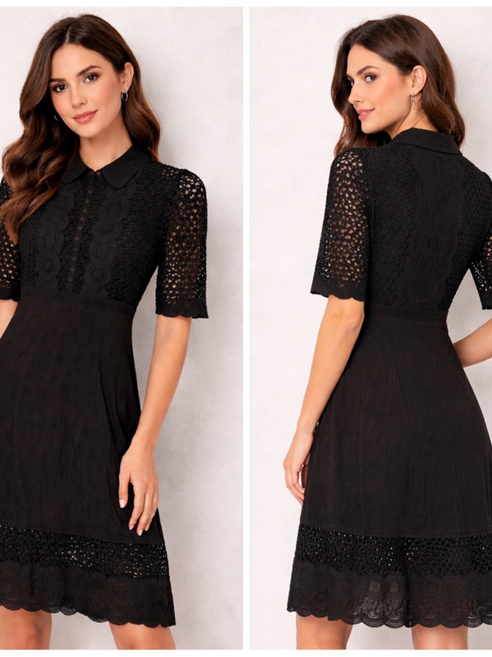 Catherine Malandrino Black Lace Overlay Button Front Midi Dress 100% Silk S